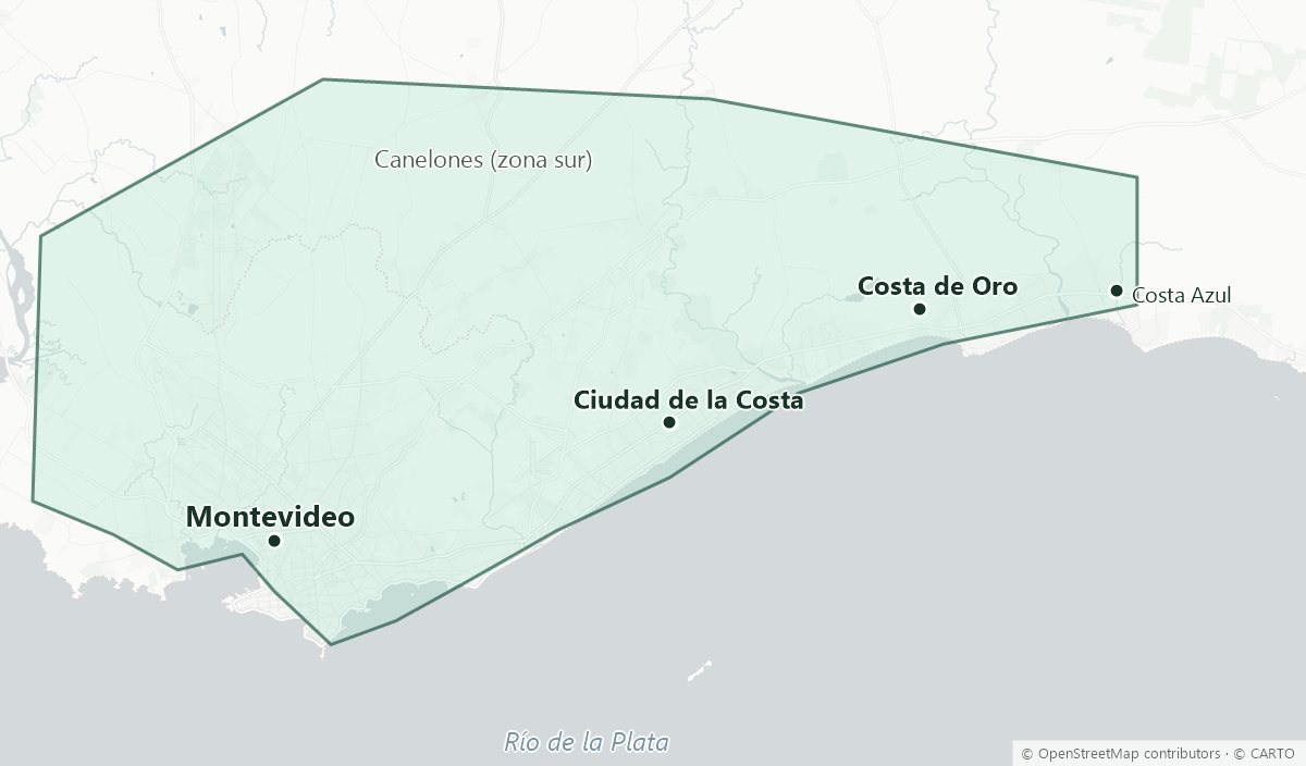 Mapa con la zona de cobertura pintada: Montevideo, Ciudad de la Costa y Costa de Oro hasta Costa Azul